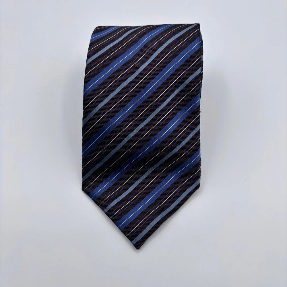 Canali Silk Tie Blue Brown Striped Faile Weave Italian Designer Business‎ Formal